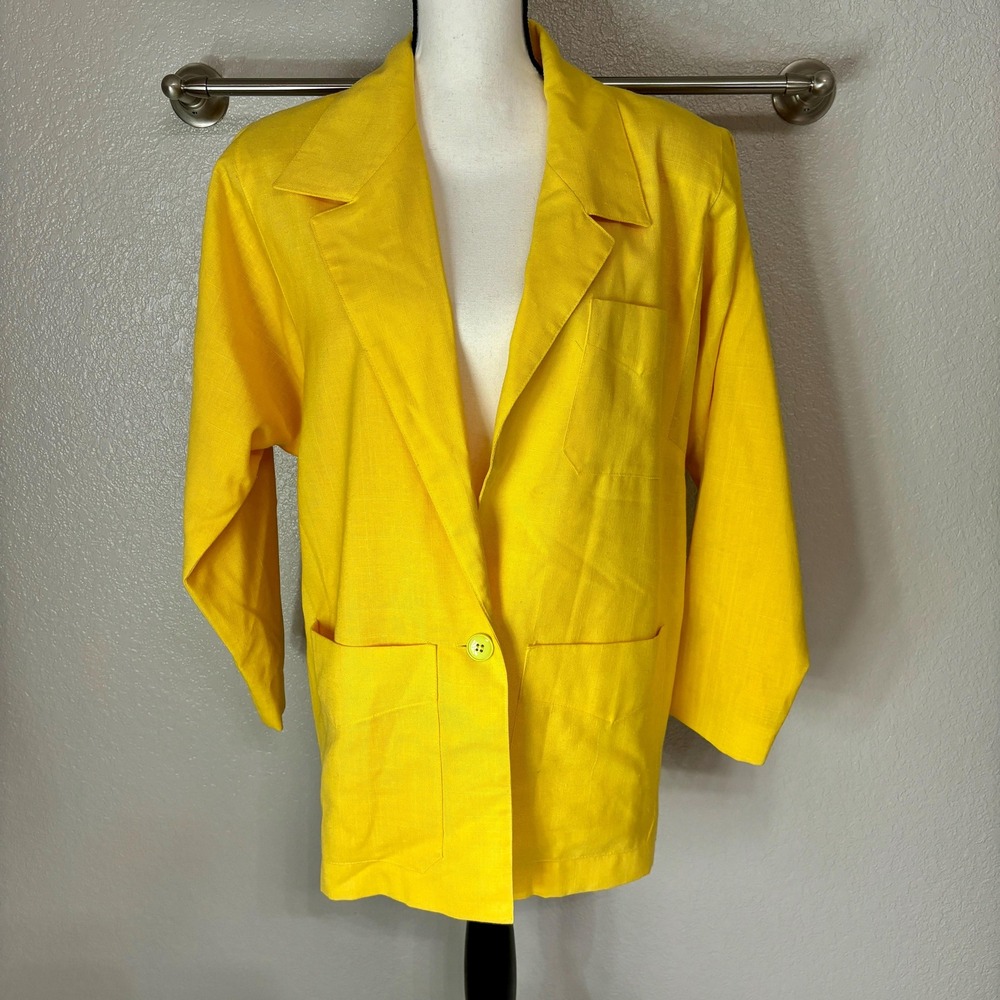 Cute 80s Raincoat Yellow Long Oversized Linen Woven Pattern Coat Modern Large L - Picture 4 of 10